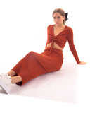 Gather lace up long sleeves top and maxi skirt co-ords suits in black