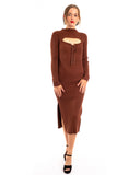 Lace up and cut out design Metallic midi bodycon dress in Brown