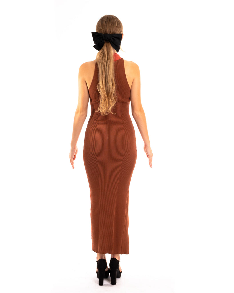 Soft Knitted Ribbed Midi Bodycon twist neck Dress In Brown coffee Contrast