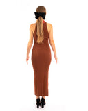 Soft Knitted Ribbed Midi Bodycon twist neck Dress In Brown coffee Contrast