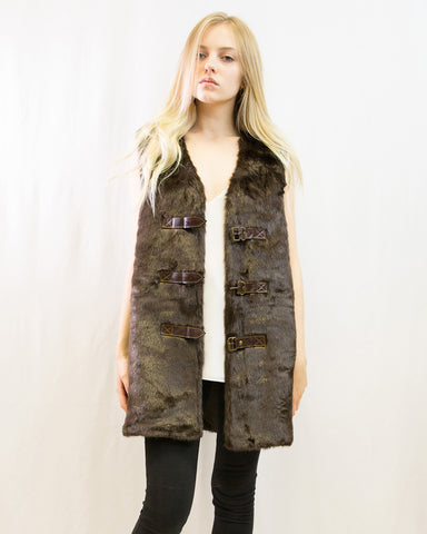 Belt fasten long Faux Fur Gilet (Brown)