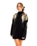 Gold Sliver Mix sequin embellished front and sleeves design jumper dress in black