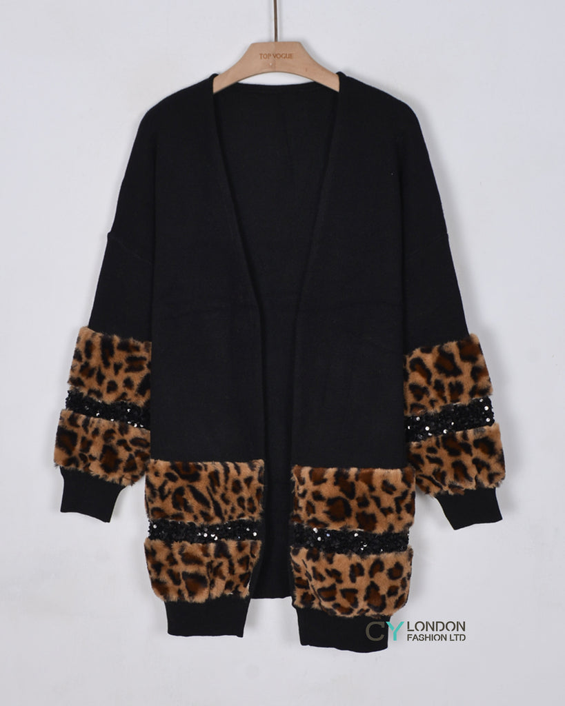 Faux leopard print fur cardigan with embellishment