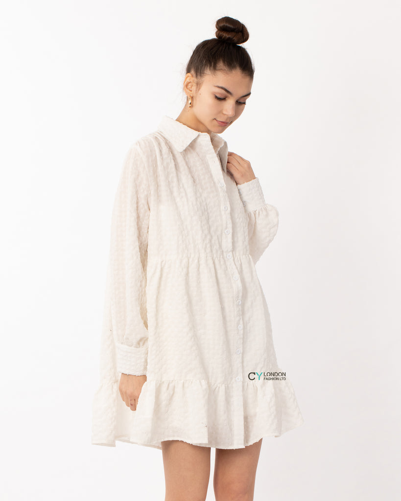 White color Oversized shirt dress in pop pattern fabric in ruffle hem design