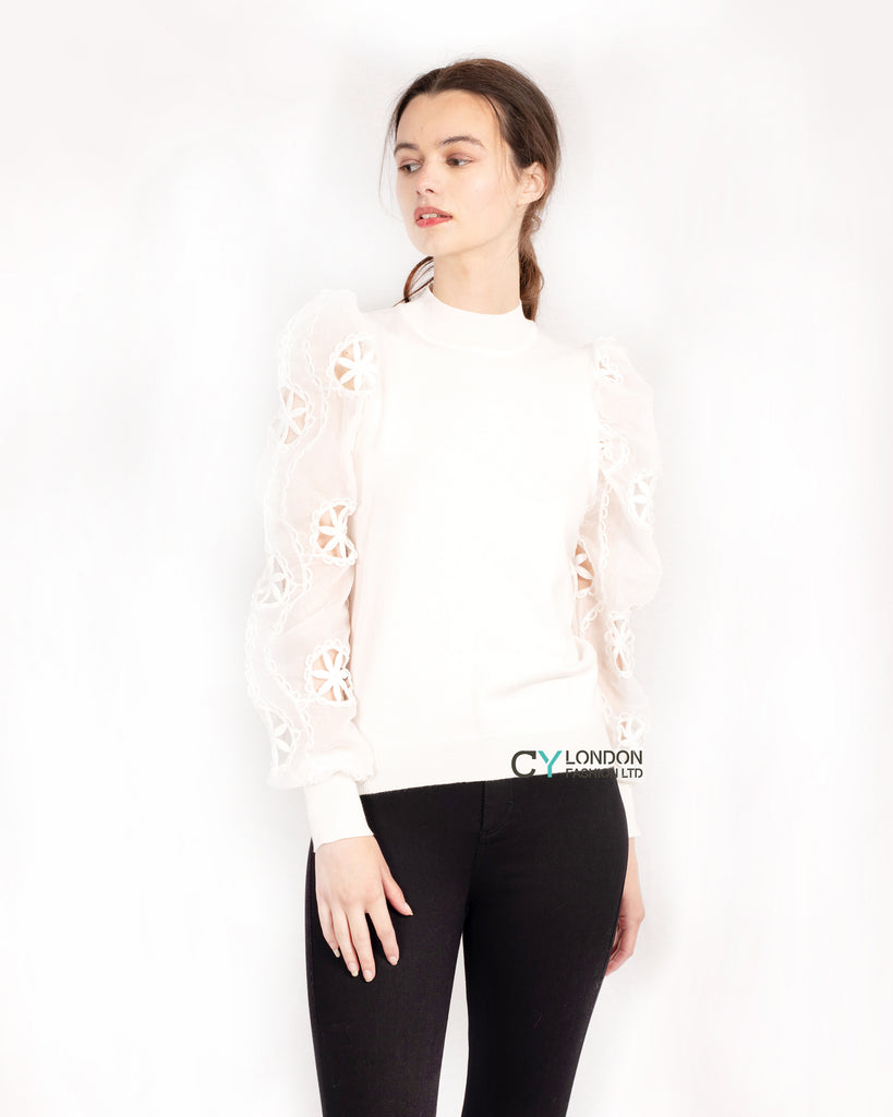 White Knit Top with Crocheted Puff Sleeves