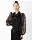 Black color Oversized Organza shirt in polka dot print with bow design