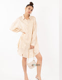 Oversized long shirt dress in textured jacquard design fabric beige color