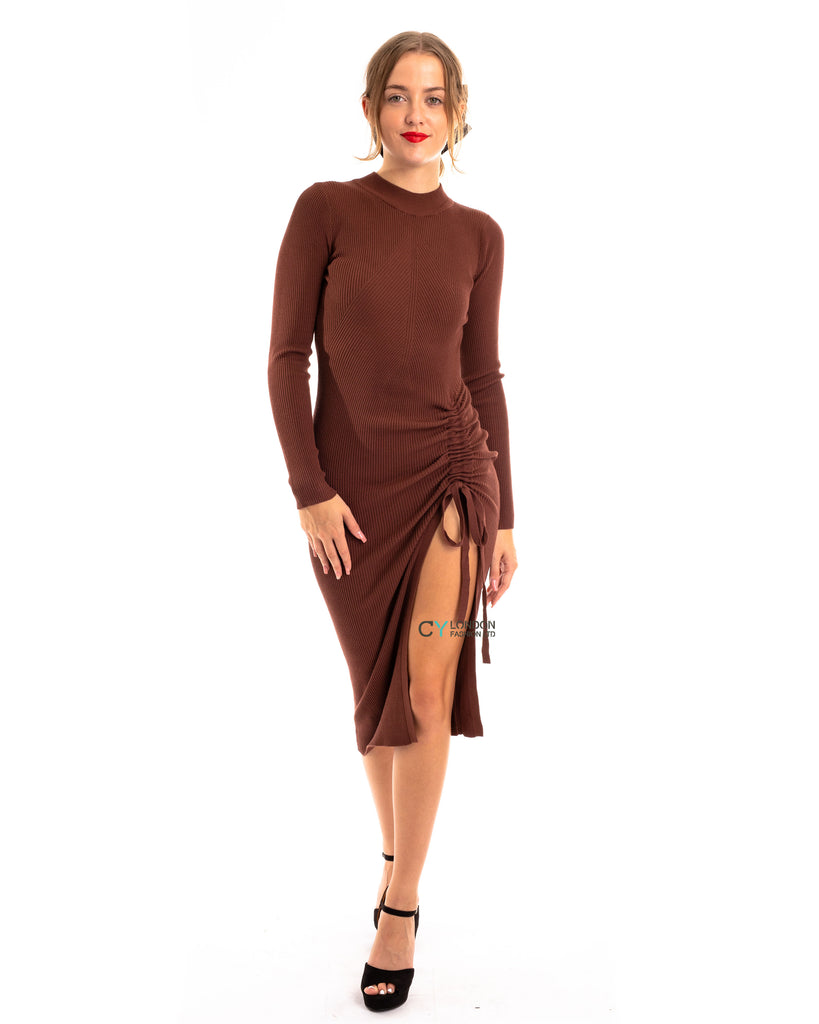 Soft Knitted Ribbed Midi Bodycon Side Split Tie up design Dress In Brown