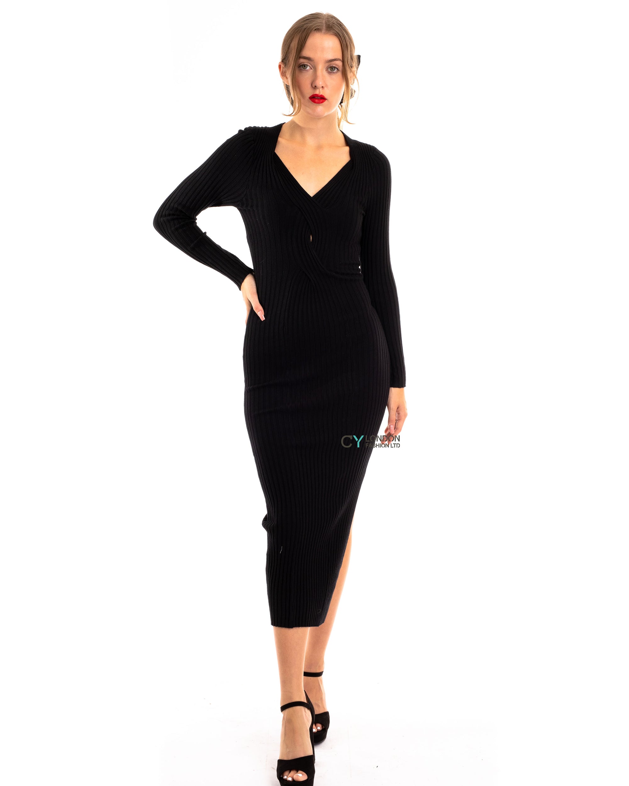 Soft Knitted Ribbed Midi Bodycon front twist design Dress In Black