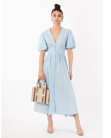 Check print Cotton Blend Puff sleeves midi dress in blue