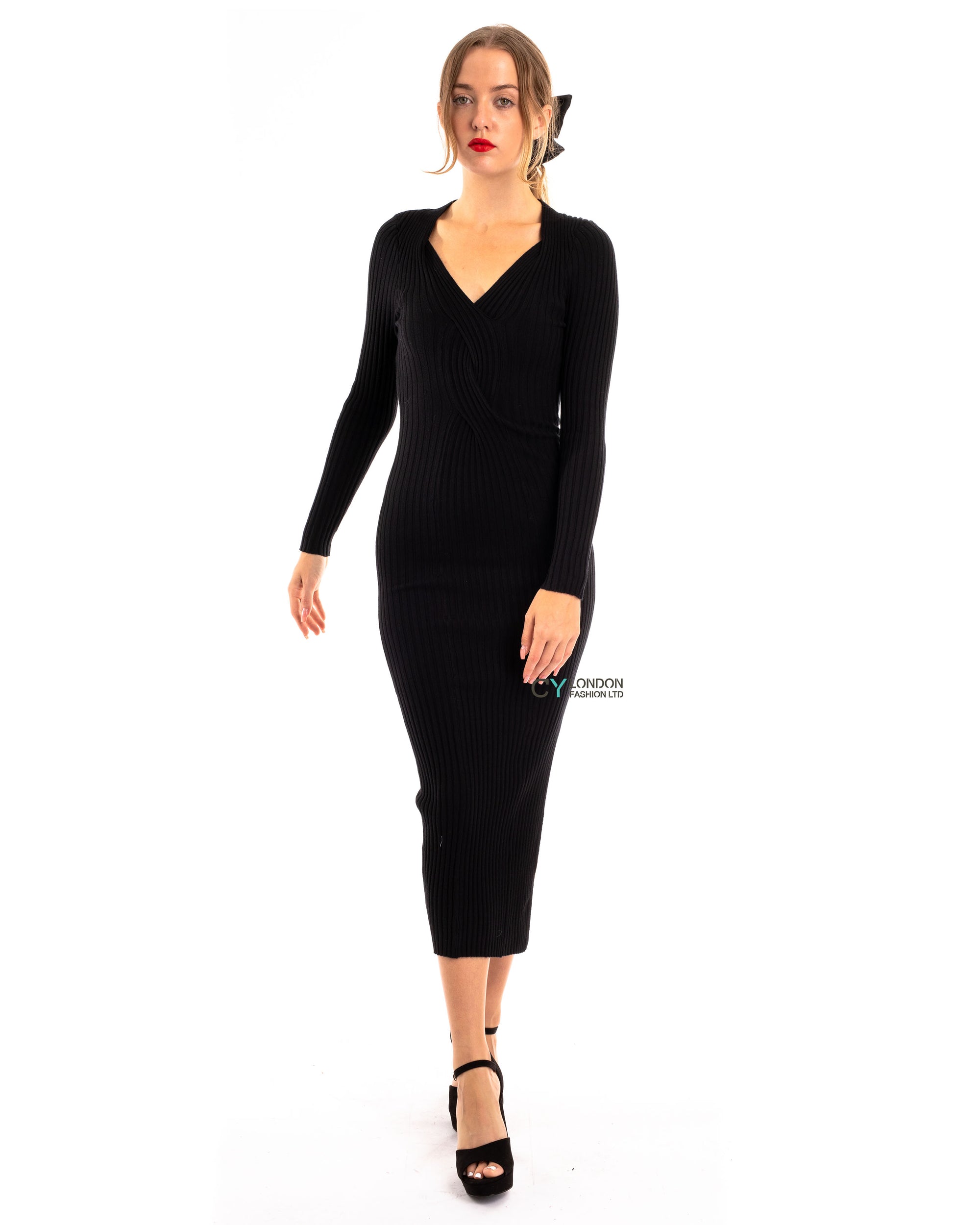 Soft Knitted Ribbed Midi Bodycon front twist design Dress In Black