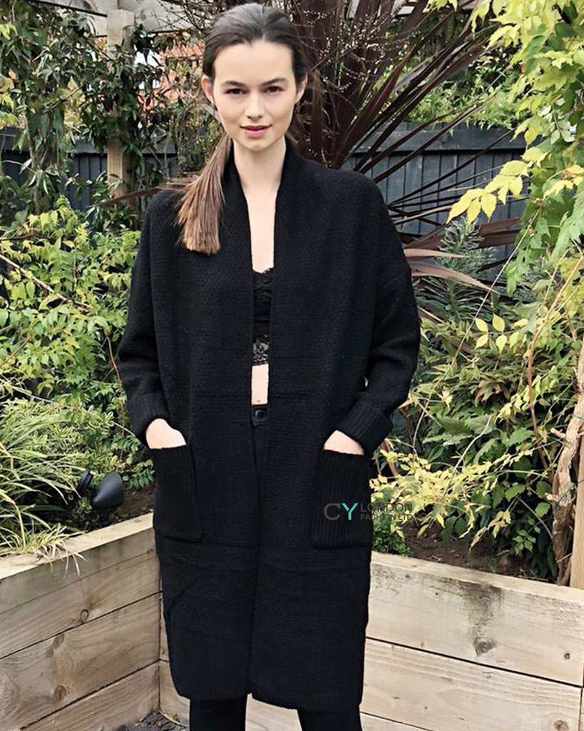 Oversized Boxy rib knit long cardigan with front pocket