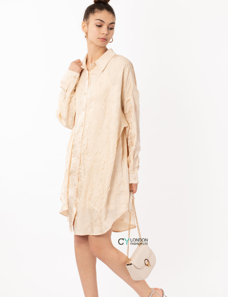 Oversized long shirt dress in textured jacquard design fabric beige color