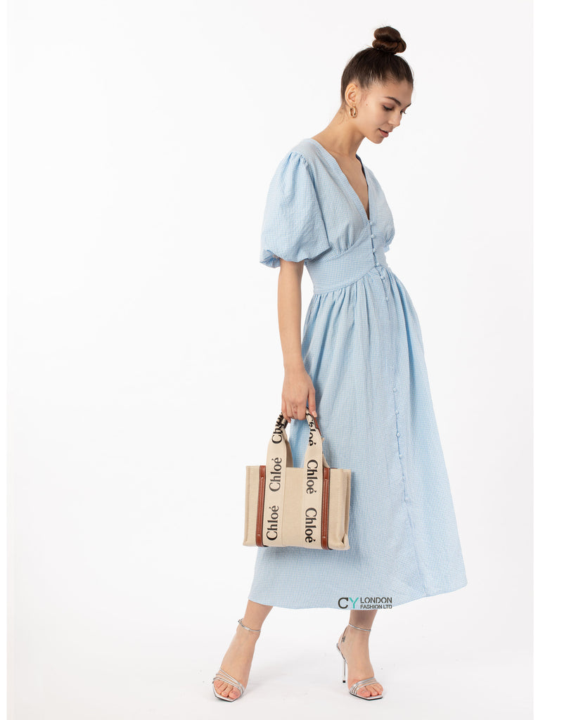 Check print Cotton Blend Puff sleeves midi dress in blue