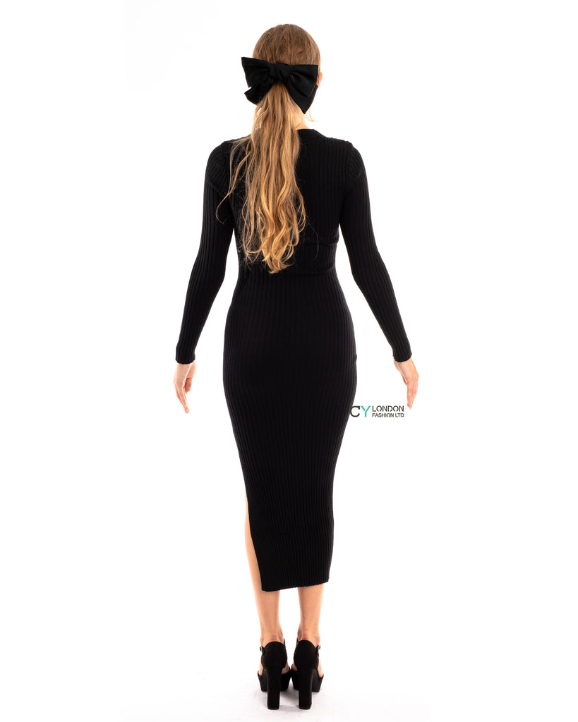 Soft Knitted Ribbed Midi Bodycon front twist design Dress In Black