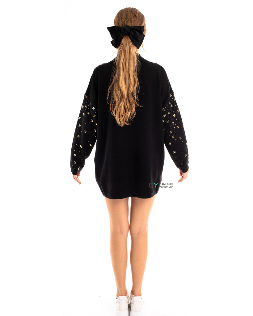 Sequin embellished front and sleeves design jumper dress in black