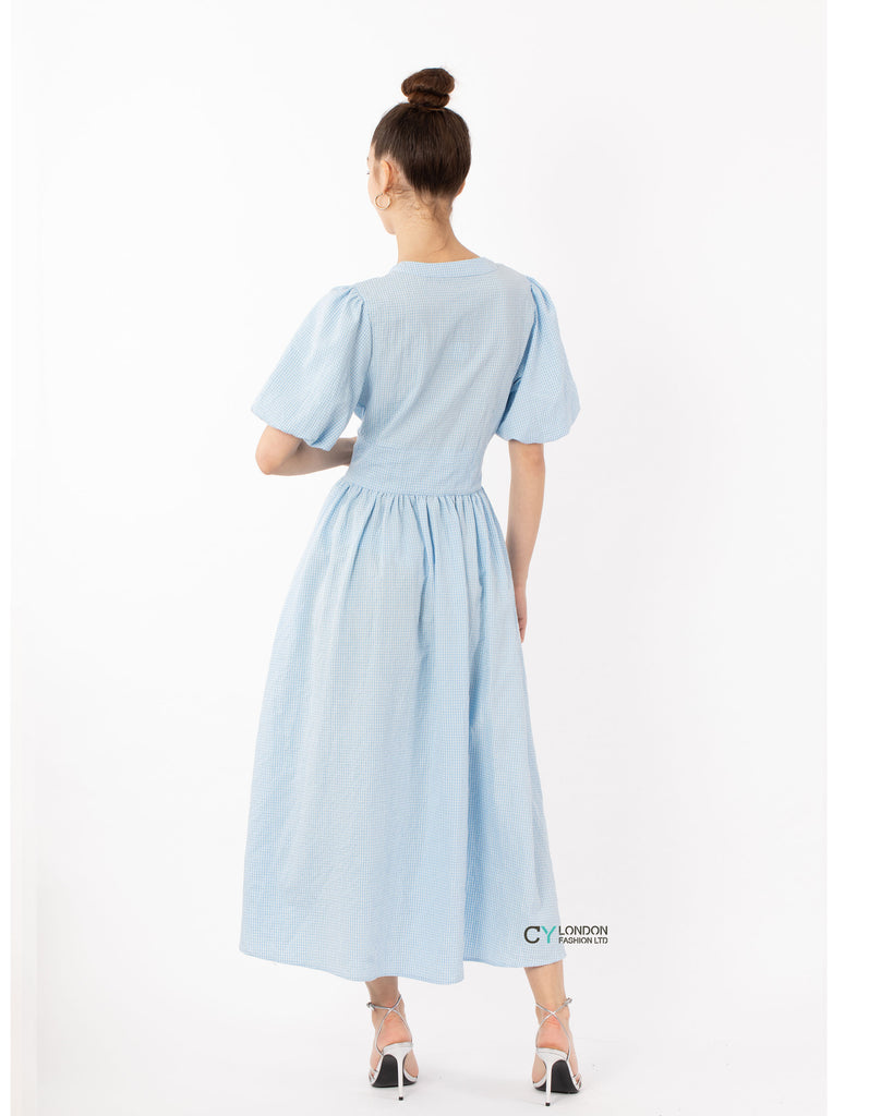 Check print Cotton Blend Puff sleeves midi dress in blue