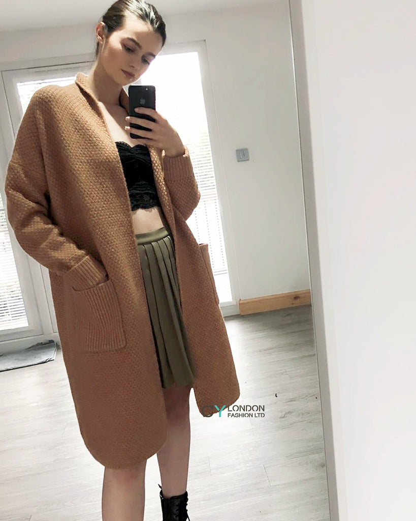 Oversized Boxy rib knit long cardigan with front pocket
