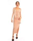 Soft Knitted Ribbed Midi Bodycon front twist design Dress In Beige