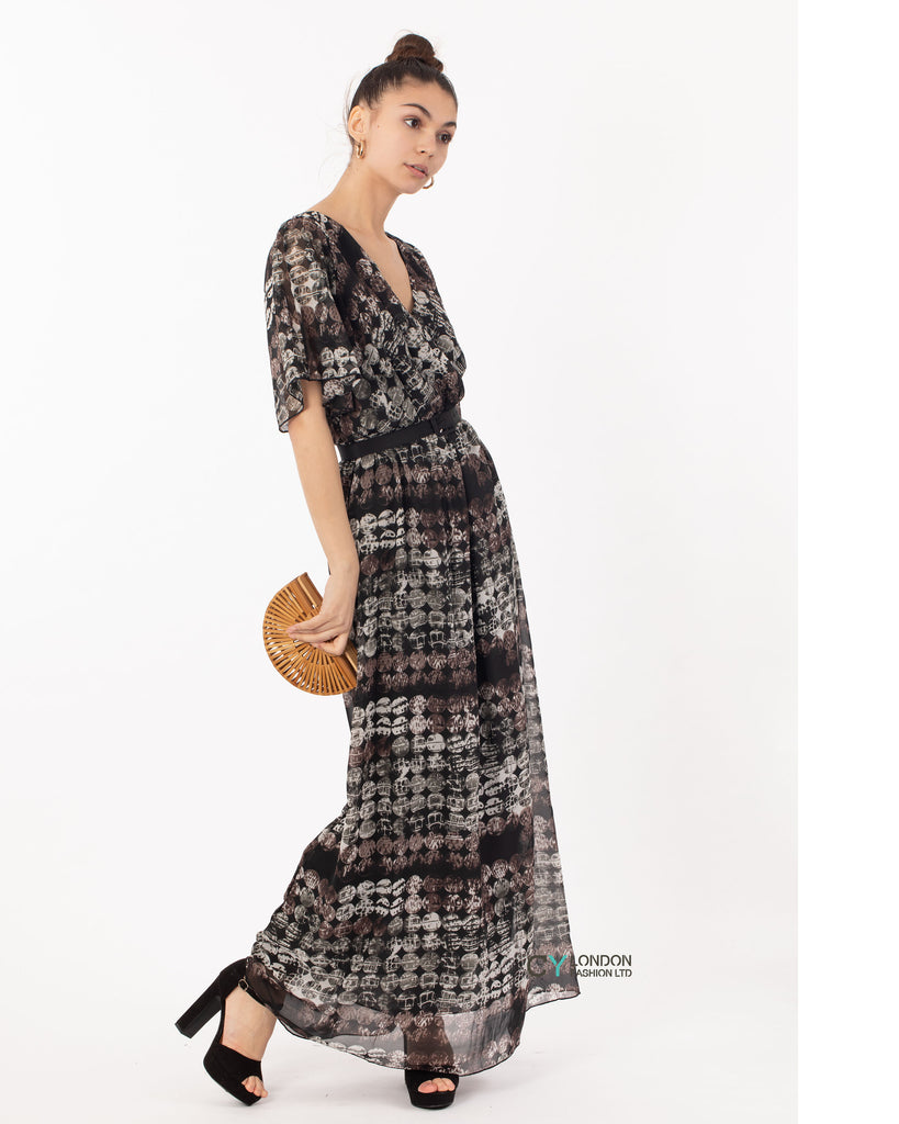 Short Sleeve Wrap Maxi Dress in big polka dot Print