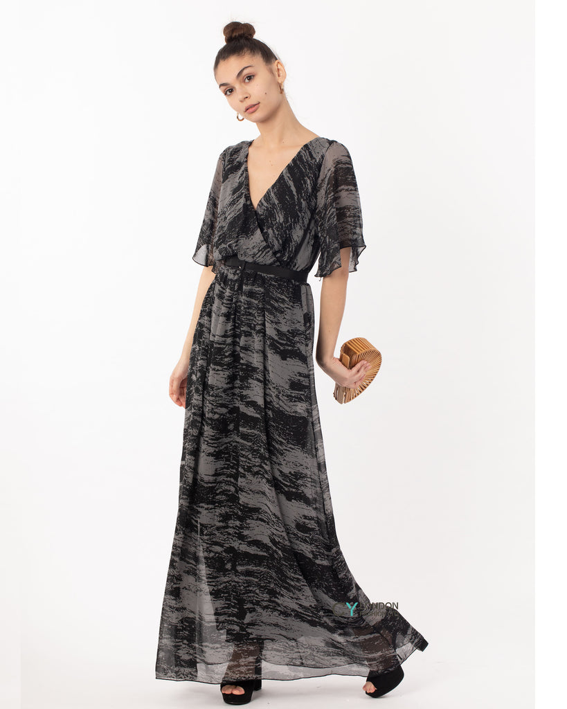 Floral Print Chiffon Wrap Maxi Dress (Black/grey print )