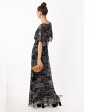 Floral Print Chiffon Wrap Maxi Dress (Black/grey print )