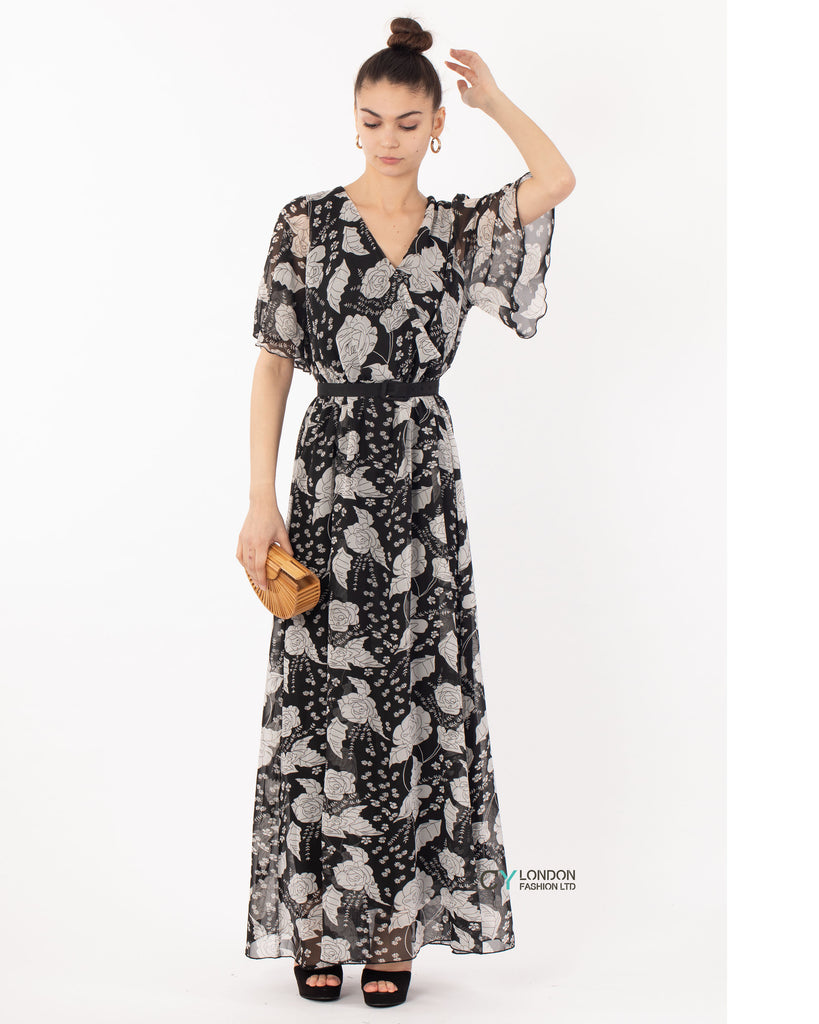 Floral Print Chiffon Wrap Maxi Dress (Black Rose)