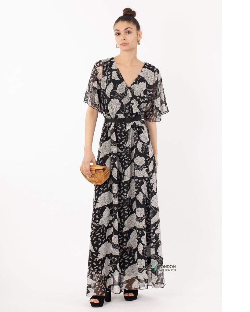 Floral Print Chiffon Wrap Maxi Dress (Black Rose)