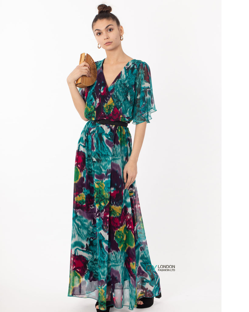 Floral Print Chiffon Wrap Maxi Dress (Blue Print)