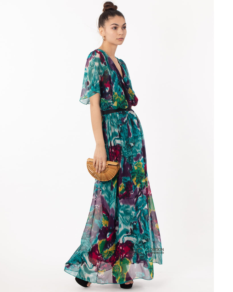 Floral Print Chiffon Wrap Maxi Dress (Blue Print)