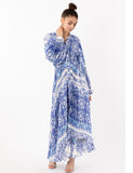 Blue monochrome scarf print pleated long shirt dress