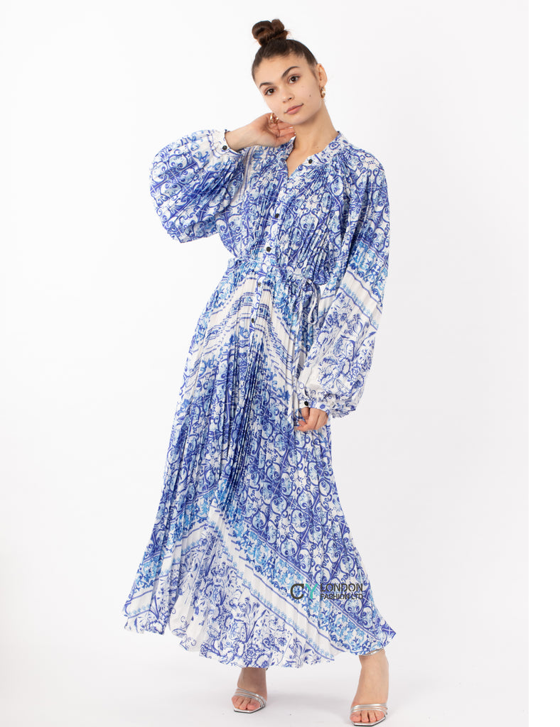 Blue monochrome scarf print pleated long shirt dress