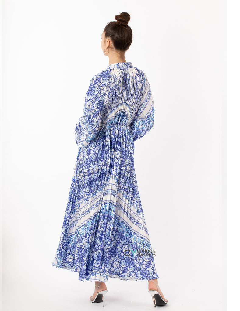 Blue monochrome scarf print pleated long shirt dress