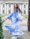 Blue monochrome scarf print pleated long shirt dress
