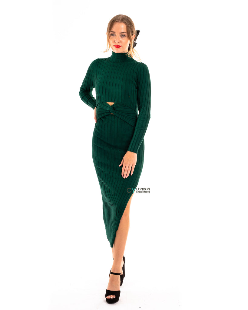 Soft Knitted Ribbed Midi Bodycon front OR back cut out design Dress In Green
