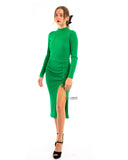 Soft Knitted Ribbed Midi Bodycon Side Split Tie up design Dress In Green