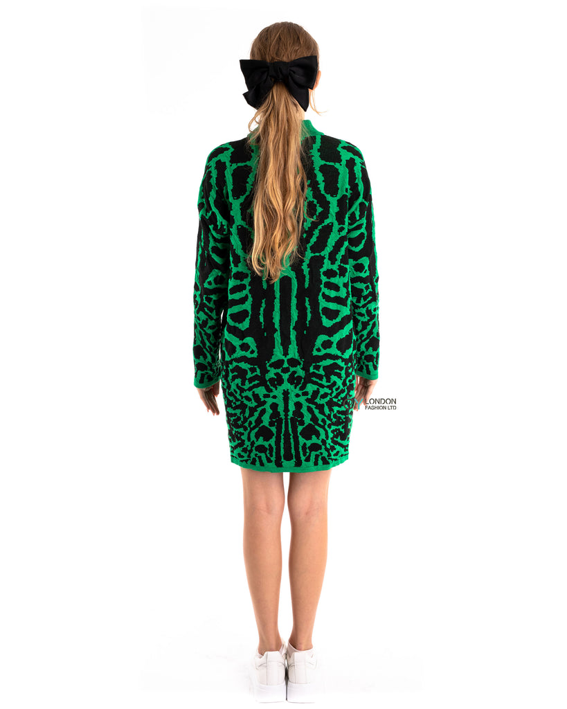 Fine Knit Leopard Print Pattern design Jumper Dress in Green