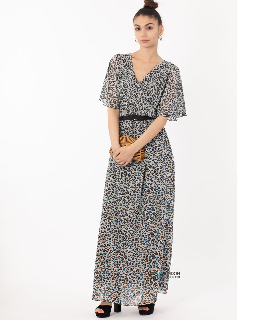 Floral Print Chiffon Wrap Maxi Dress (Grey Leopard)