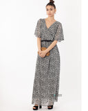 Floral Print Chiffon Wrap Maxi Dress (Grey Leopard)