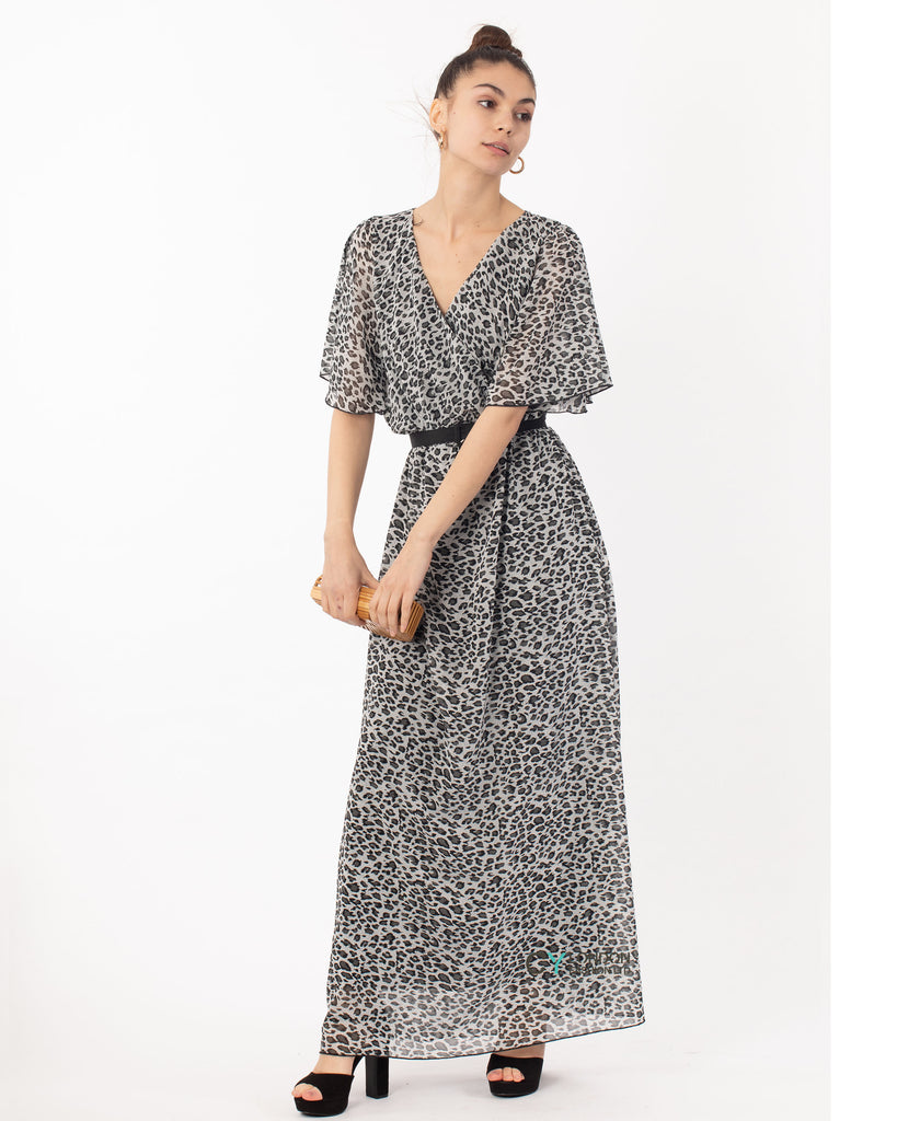 Floral Print Chiffon Wrap Maxi Dress (Grey Leopard)