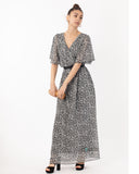 Floral Print Chiffon Wrap Maxi Dress (Grey Leopard)