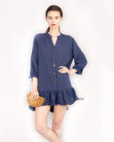 Long Sleeve Oversized Linen Shirt Dress in Navy Blue