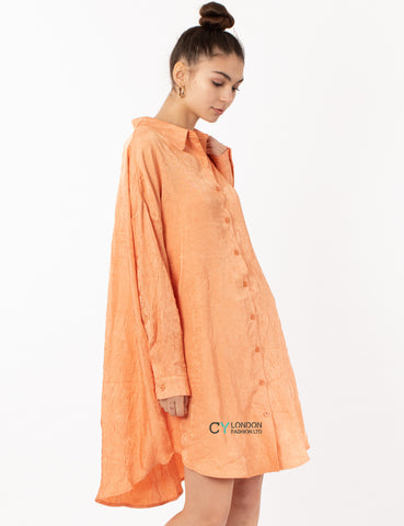 Oversized long shirt dress in textured jacquard design fabric orange color