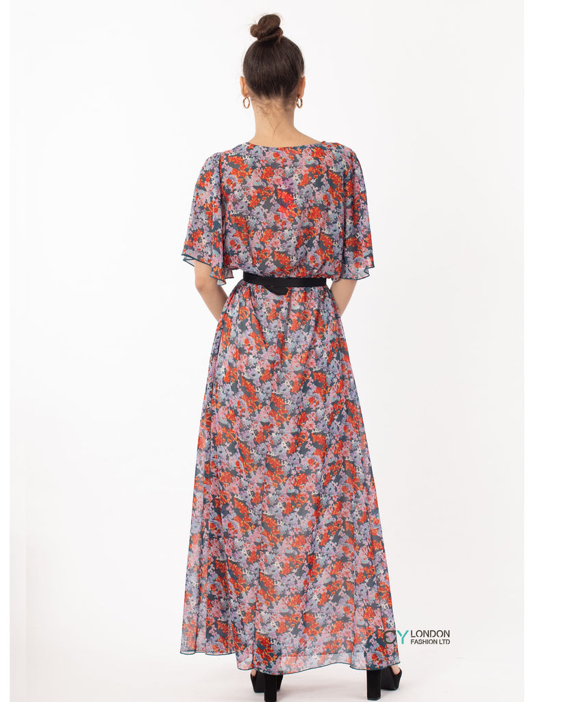 Floral Print Chiffon Wrap Maxi Dress (Orange Floral)