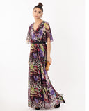 Floral Print Chiffon Wrap Maxi Dress (Purple Leopard)