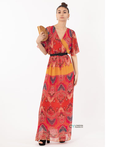 Floral Print Chiffon Wrap Maxi Dress (Red Print)