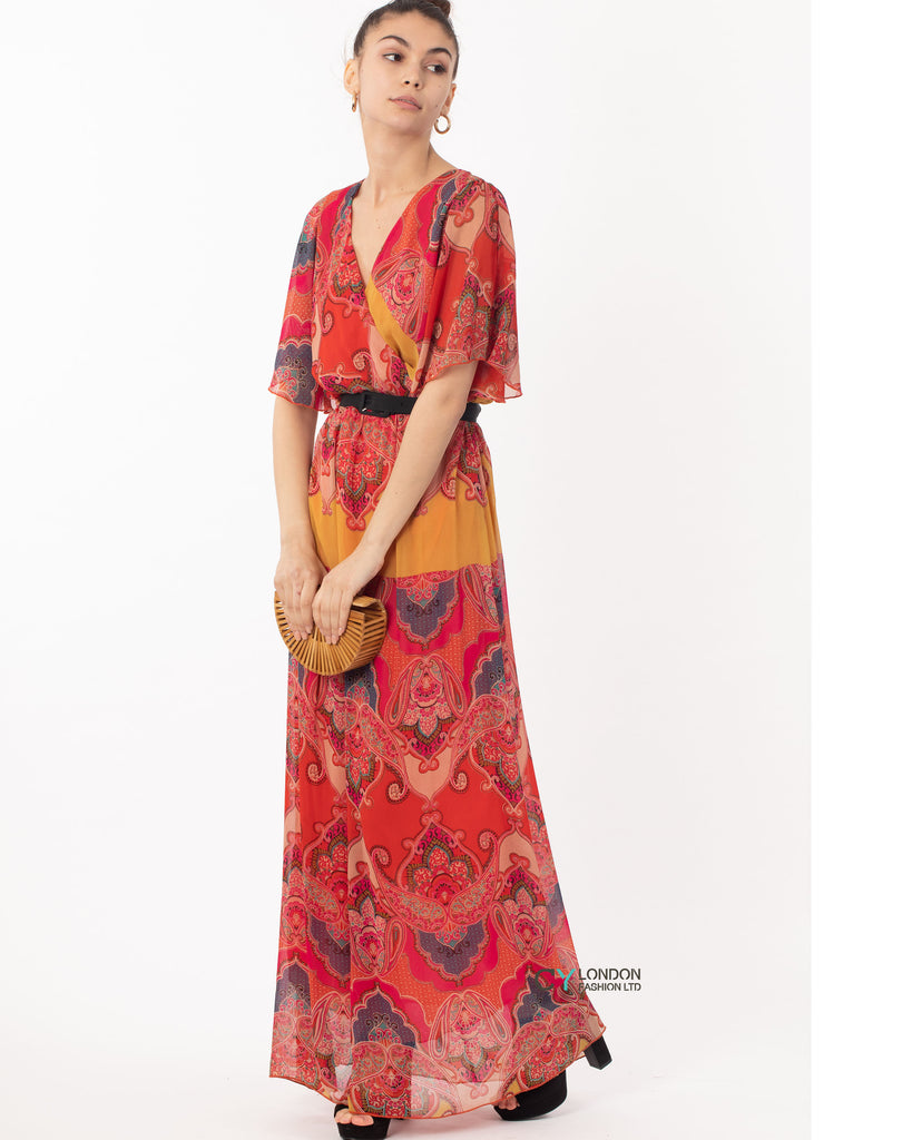 Floral Print Chiffon Wrap Maxi Dress (Red Print)