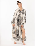 White Textured scarf print pleated long shirt dress