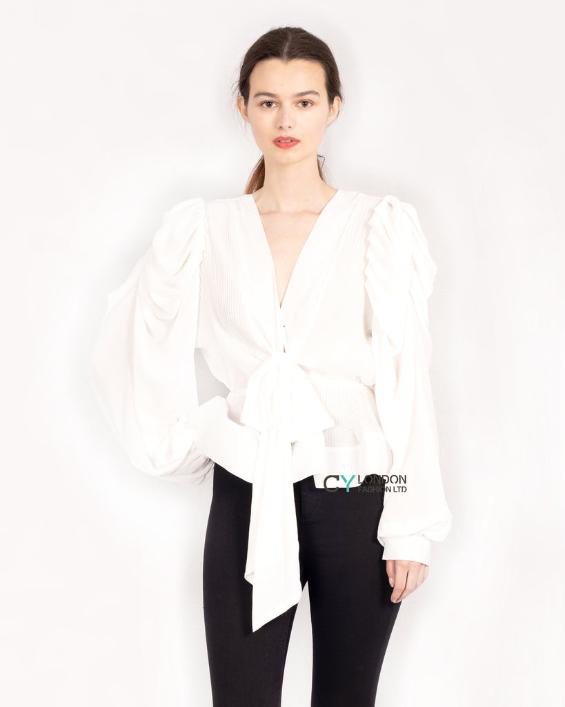 White Frill sleeves blouse bow tie up front with mesh hem