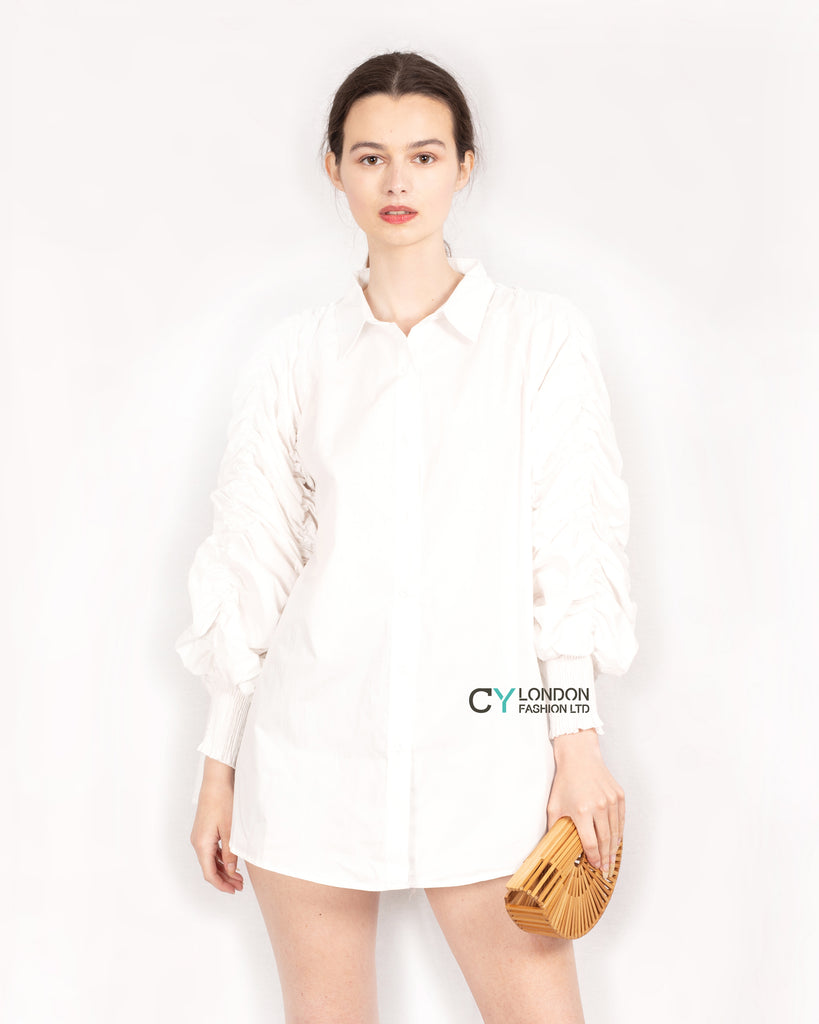 Cotton shirt with Ruched Sleeve in white